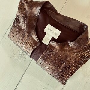 Chicos Bronze‎ Metallic Rhinestone Snakeskin Print Jacket Size 3 (women’s 16)